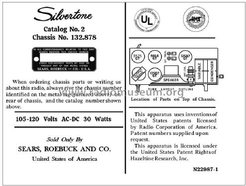 Silvertone 2 Ch= 132.878 Order=57D 02; Sears, Roebuck & Co. (ID = 2889308) Radio
