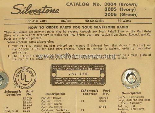 Silvertone 3006 Ch= 757.130 Order=57D 03006; Sears, Roebuck & Co. (ID = 448926) Radio