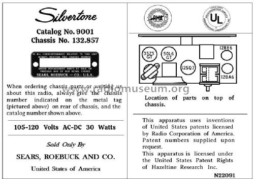 Silvertone 9001 Ch= 132.857 Order=57E 09001; Sears, Roebuck & Co. (ID = 2921223) Radio