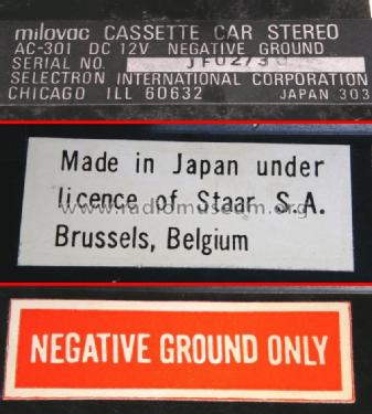 Milovac Cassette Car Stereo AC-301 ; Selectron (ID = 1718551) Sonido-V