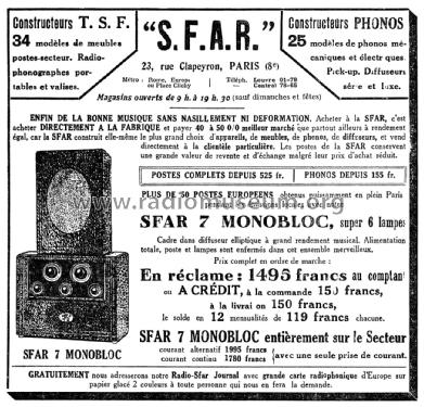 Sfar 7 Monobloc ; SFAR S.F.A.R.; Paris (ID = 2067630) Radio