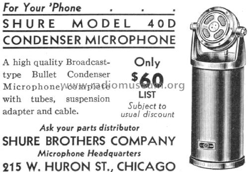 Condenser Microphone 40D; Shure; Chicago, (ID = 2085870) Microphone/PU