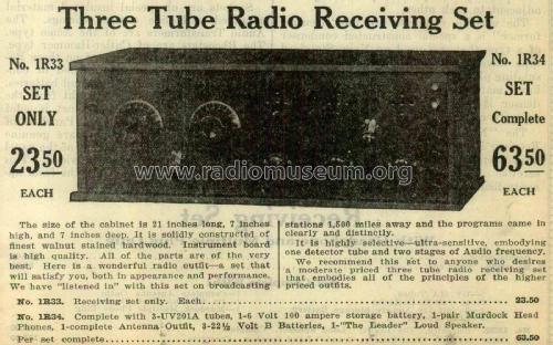 Three Tube Radio Receiver No. 1R33; Shure; Chicago, (ID = 2096352) Radio