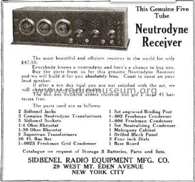 Neutrodyne 5 tubes; Sidbenel Radio Equip (ID = 1542565) Radio