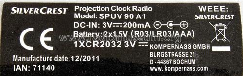Silvercrest Projection Clock Radio SPUV 90 A1; SilverCrest / Silver (ID = 3005018) Radio