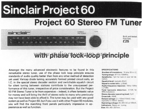 Project 60 Stereo FM Tuner ; Sinclair Radionics (ID = 3006185) Radio