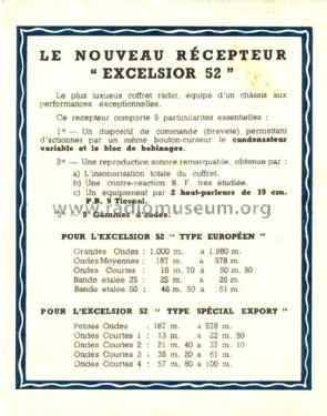 Excelsior 52 - Page d'aperçu, Overview, Übersicht; SNR S.N.R., Société (ID = 1927720) Radio