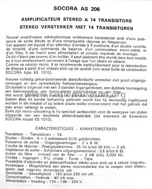 Amplificateur Stéreo AS206; SOCORA; Bruxelles (ID = 2989774) Ampl/Mixer