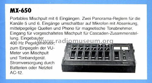6 Channel Stereo Microphone Mixer MX-650 Ampl/Mixer Sony 6 Channel Stereo Microphone Mixer MX-650 Ampl/Mixer Sony