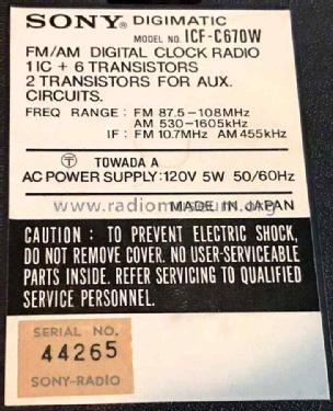 Digimatic FM/AM Digital Clock Radio ICF-C670W; Sony Corporation; (ID = 2583640) Radio