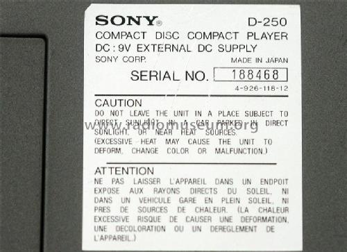 Discman CD Compact Player D-250; Sony Corporation; (ID = 2105863) Reg-Riprod