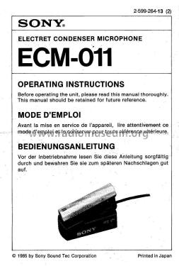 Electret Condenser Microphone ECM-011; Sony Corporation; (ID = 2505995) Mikrofon/TA