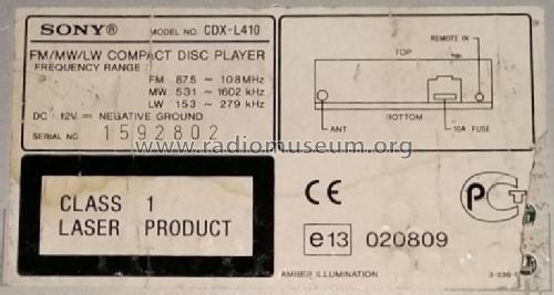 FM/MW/LW Compact Disc Player CDX-L410; Sony Corporation; (ID = 2619545) Car Radio