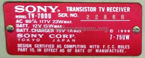 Transistor TV Receiver 700-U TV-700U; Sony Corporation; (ID = 2588952) Televisore