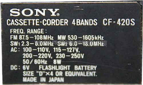 Cassette-Corder FM/MW/SW 4 Bands CF-420S; Sony Corporation; (ID = 1237724) Radio