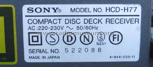 Compact Disc Deck Receiver HCD-H77; Sony Corporation; (ID = 1685915) Radio