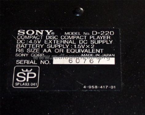 Discman CD Compact Player D-220; Sony Corporation; (ID = 1160133) Sonido-V