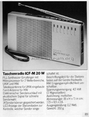 FM/AM 2 Band Receiver ICF-M 20 W; Sony Corporation; (ID = 1719760) Radio