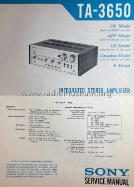 Integrated Stereo Amplifier TA-3650; Sony Corporation; (ID = 1719612) Ampl/Mixer