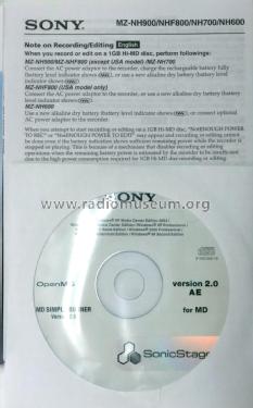 Portable Minidisc Recorder MZ-NH600 / MZ-NH600D; Sony Corporation; (ID = 2038851) R-Player