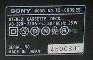 Stereo Cassette Deck TC-K909ES; Sony Corporation; (ID = 1710996) Enrég.-R