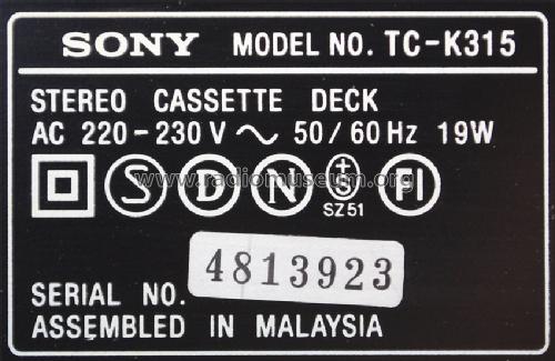 Stereo Cassette Deck TC-K315; Sony Corporation; (ID = 1339817) Enrég.-R