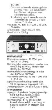 Stereo Integrated Amplifier TA-1144; Sony Corporation; (ID = 1721208) Ampl/Mixer