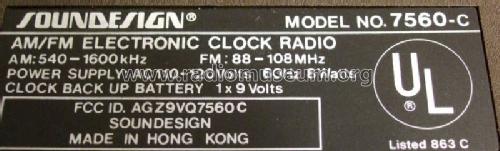 AM/FM Electronic Clock Radio 7560-C; Soundesign (ID = 837355) Radio
