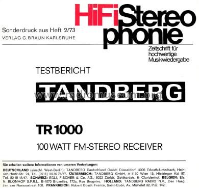 FM Stereo Receiver TR-1000; Tandberg Radio; Oslo (ID = 2699673) Radio