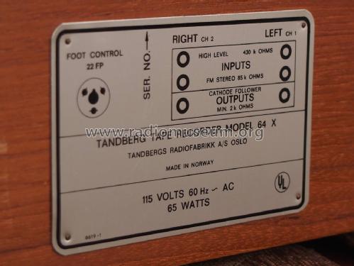 Reel-to-Reel Tape Recorder 64X; Tandberg Radio; Oslo (ID = 1890130) R-Player