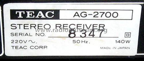 Stereo Receiver AG-2700; TEAC; Tokyo (ID = 1057227) Radio
