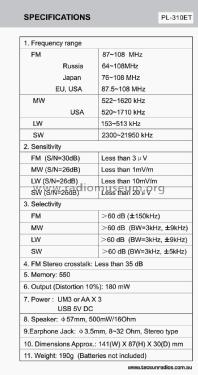 FM/SW/MW/LW DSP Receiver PL-310ET; Tecsun 德生通用电器... (ID = 3025233) Radio