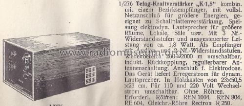 Kraftverstärker K1,8 ; Tefag; Telephon (ID = 1321271) Radio