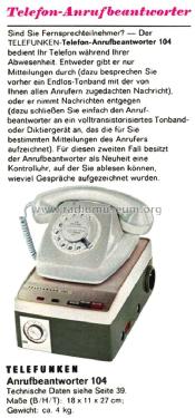 Automatischer Telefon-Anrufbeantworter T104; Telefunken (ID = 2104366) Telephony