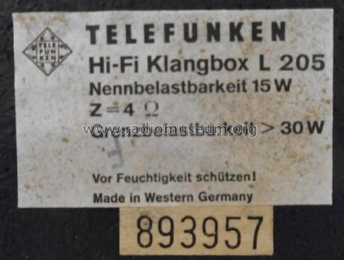 Hi-Fi-Lautsprecherbox L205; Telefunken (ID = 2059970) Speaker-P