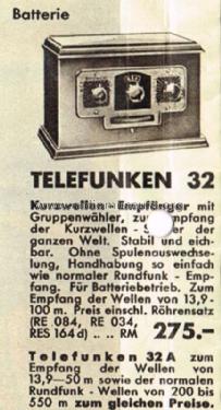 Kurzwellen- KW-Empfänger 32 ; Telefunken (ID = 1548422) Radio