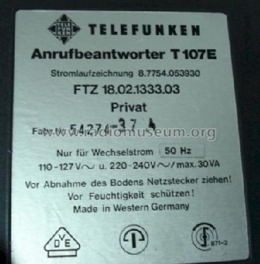 Telefon-Anrufbeantworter T107; Telefunken (ID = 1132508) Telephony