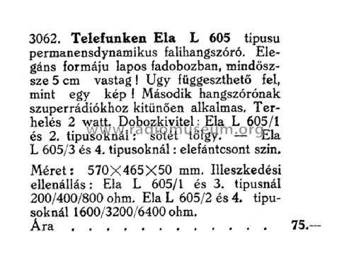 Fali hangszóró / Speaker Ela L605/1; Telefunken; Budapest (ID = 2227833) Lautspr.-K