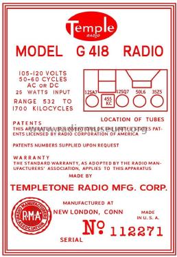 G-418 ; Templetone Radio Mfg (ID = 3007034) Radio