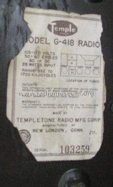 G-418 ; Templetone Radio Mfg (ID = 828973) Radio