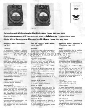 Slide Wire Resistance Measuring Bridge Wheatstone 2101; Tettex, Elektrische (ID = 2667298) Equipment