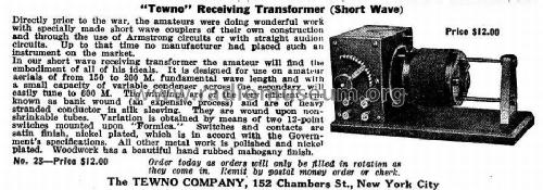 Tewno Receiving Transformer Short Wave; Tewno Company, The; (ID = 997584) mod-pre26