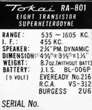 8 Transistor - Deluxe RA-801; Tokai Wireless Co., (ID = 1828456) Radio