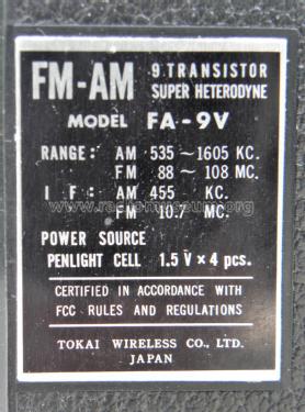 9 Transistor FA-9V; Tokai Wireless Co., (ID = 2672569) Radio