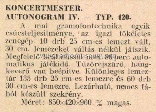 Autonogram IV.Koncertmester 420; Tonalit Gramophon Rt (ID = 2323814) Reg-Riprod