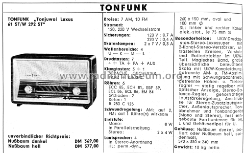Tonjuwel Luxus 61ST W292 ST; Tonfunk GmbH; (ID = 2811204) Radio