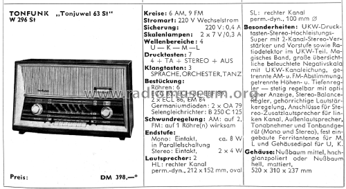 Tonjuwel Stereo 63 St W296 St; Tonfunk GmbH; (ID = 2811054) Radio
