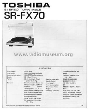 Direct Drive Stereo Turntable SR-FX70/TA; Toshiba Corporation; (ID = 1642003) R-Player