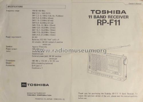 FM/MW/9-SW 11Band Receiver RP-F11; Toshiba Corporation; (ID = 2251456) Radio
