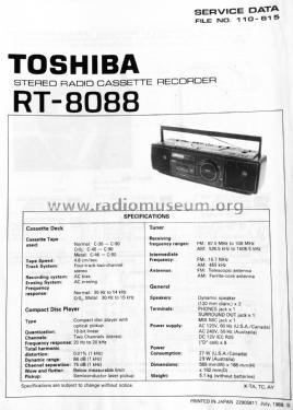 Stereo Radio Cassette Recorder CD Player RT-8088; Toshiba Corporation; (ID = 1841073) Radio